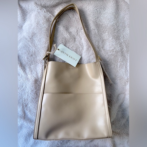 Anthropologie Handbags - NWT Anthropologie Antik Kraft Sadie Tote Shoulder Bag Taupe Beige Vegan Leather